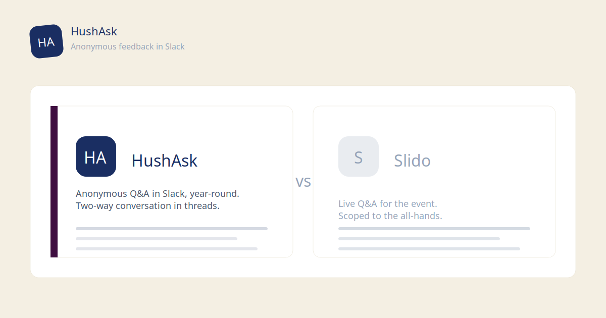 HushAsk vs Slido: Anonymous Q&A for All-Hands vs Everyday Slack
